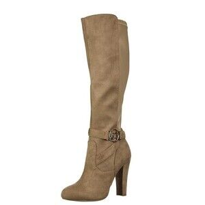 bebe Womens 7.5 M Taupe Knee High Zip Up Logo High Heel Dress Boots NIB XH7